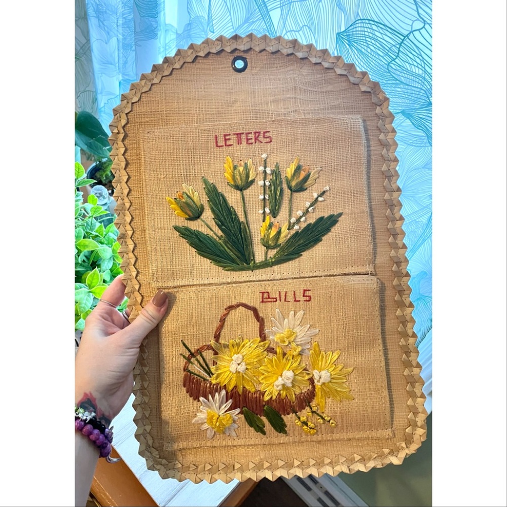 Vintage woven letter holder, 60s 70s aesthetic decor, Cottagecore Grandmacore